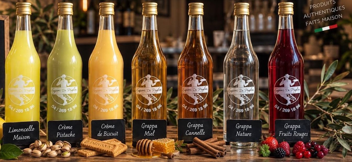 Limoncello, crèmes de pistache et de biscuit, grappas au miel, à la cannelle, nature et aux fruits rouges